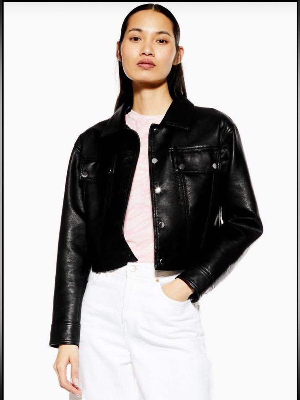 Topshop - faux leather cropped button down  workwear jacket - size 6 (S / M)